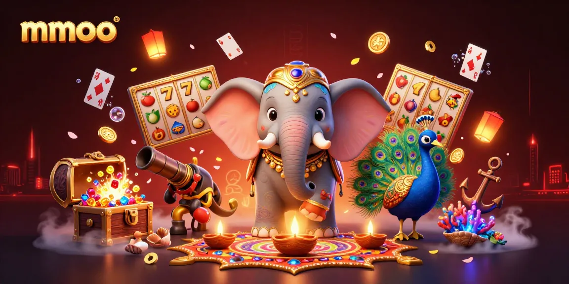 Play thrilling slots with mmoo featuring a vibrant Diwali-themed scene full of gold coins and colorful gems.