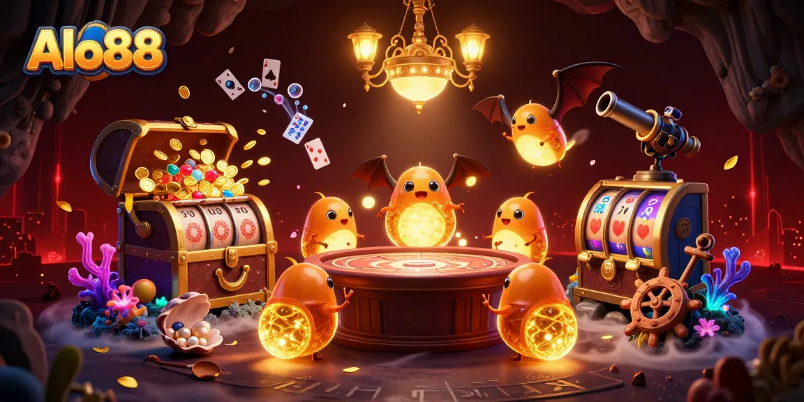 Alo88 players enjoying a vibrant casino experience with glowing glowworms and diverse games