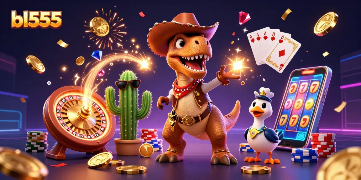 Experience thrilling gambling excitement with bl555's 3D casino illustration full of characters and vibrant game elements.