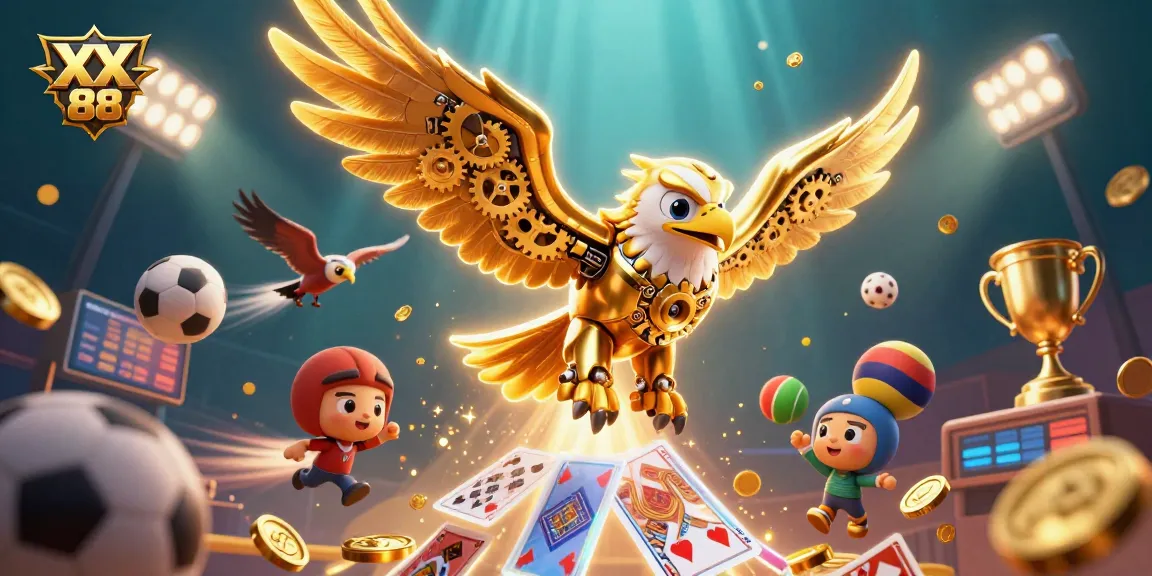 Engage in exciting gameplay with XX 88 as the golden eagle soars through action-packed virtual casino elements.