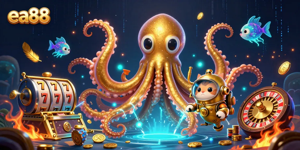 Engage with the thrilling world of ea88 gaming under the sea with a kraken, diving cat, and vibrant slot elements.