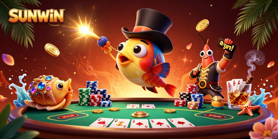 Experience thrilling wins with SUNWIN in this vibrant 3D casino scene featuring unique characters.