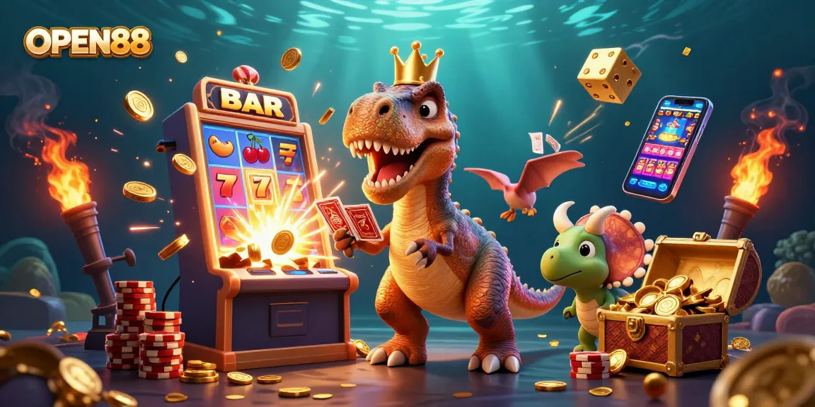 Experience the excitement of OPEN88 with a friendly T-Rex shuffling cards amidst a gold-filled jackpot scene.
