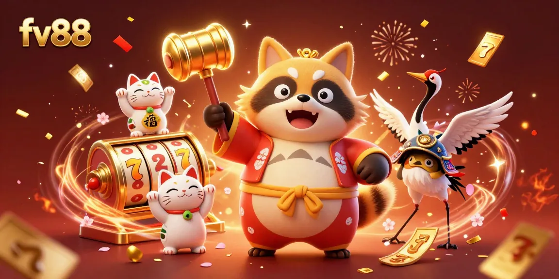 Experience the excitement of fv88 with vibrant slot reels and celebrating characters in an animated casino scene.
