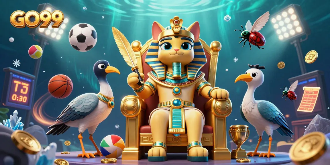 Engage with GO99's vibrant casino atmosphere featuring a pharaoh cat and sports elements.