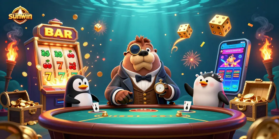 Experience the excitement at sunwin with a playful walrus and friends in an underwater casino scene.