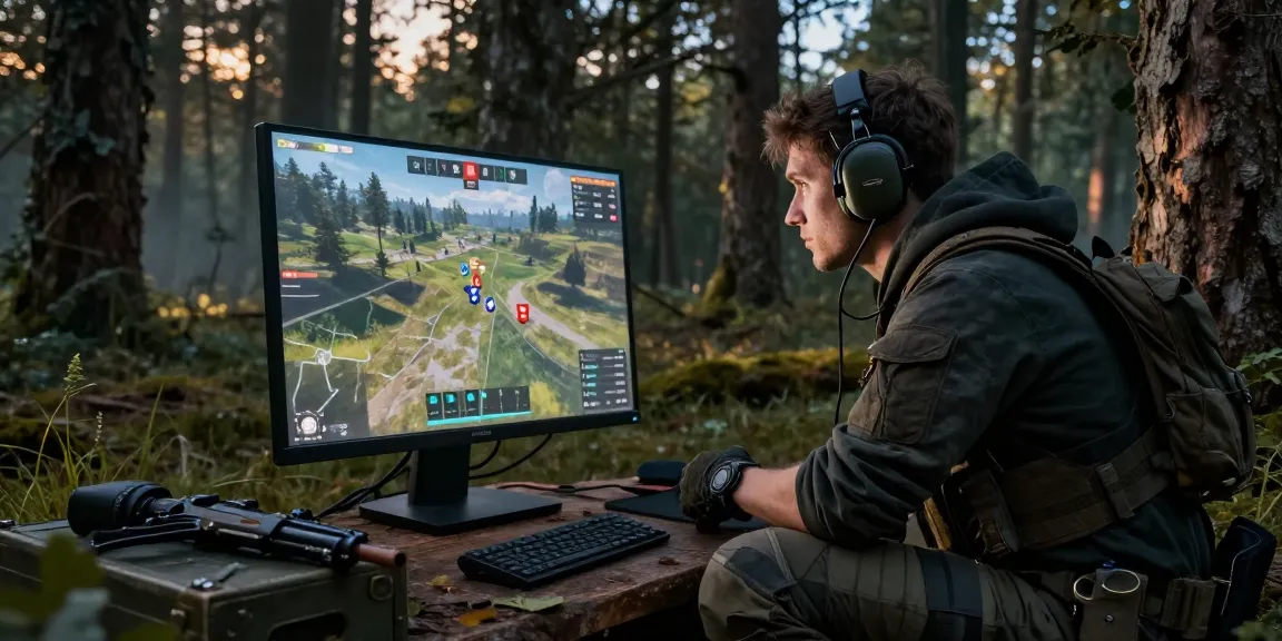 Dynamic scene showcasing DayZ Hacks with a focused gamer strategizing in a forest environment.