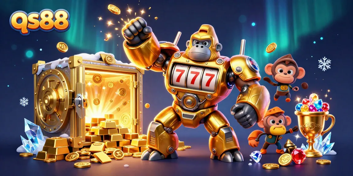 Engage with qs88's dynamic slot machine themed 3D illustration featuring a mechanical gorilla mech.