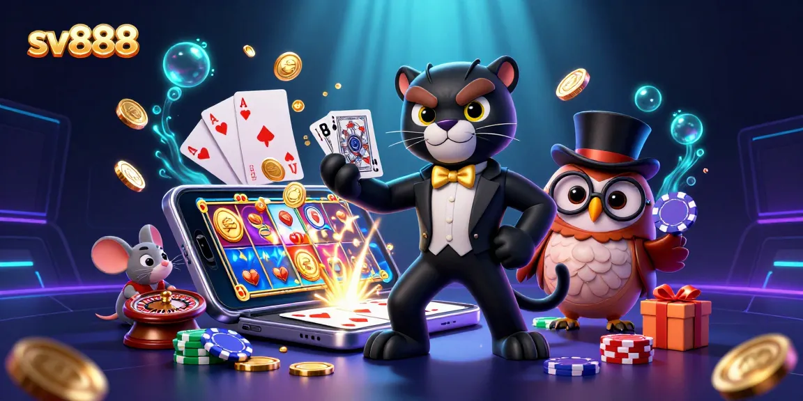 Engage with sv888 as a stylish panther deals cards amidst vibrant casino elements.