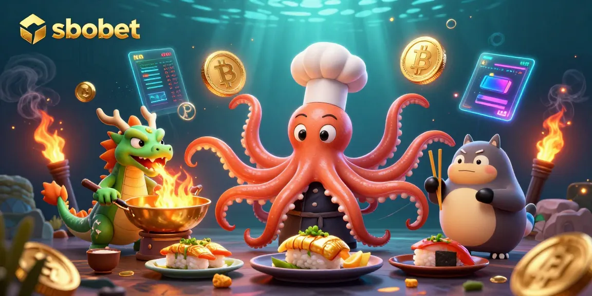 Bet on sbobet with a dynamic scene featuring an octopus chef, a dragon, and a tanuki.