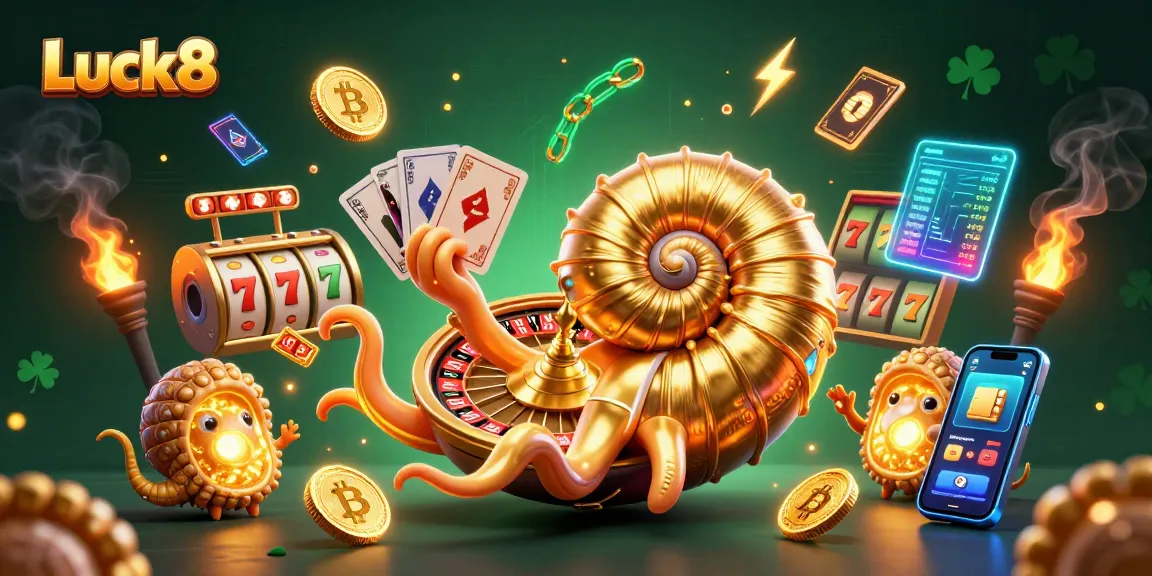 Experience Luck8's exciting casino games with a vibrant 3D illustration featuring unique characters and immersive elements.