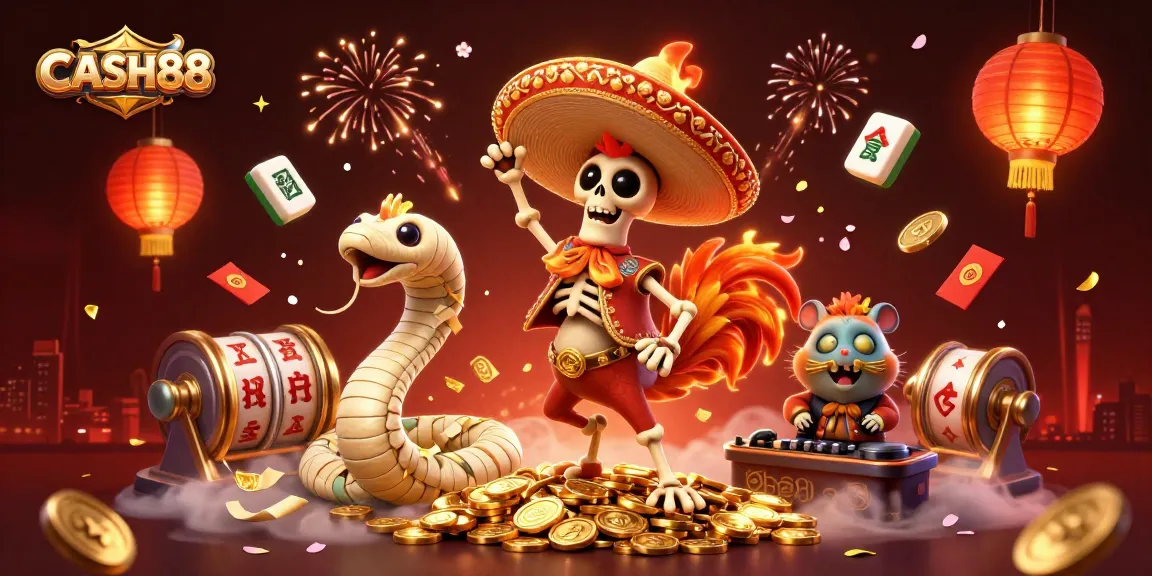 CASH88 players celebrating with a vibrant 3D casino illustration of a rooster, mummy, and DJ surrounded by exciting game elements.