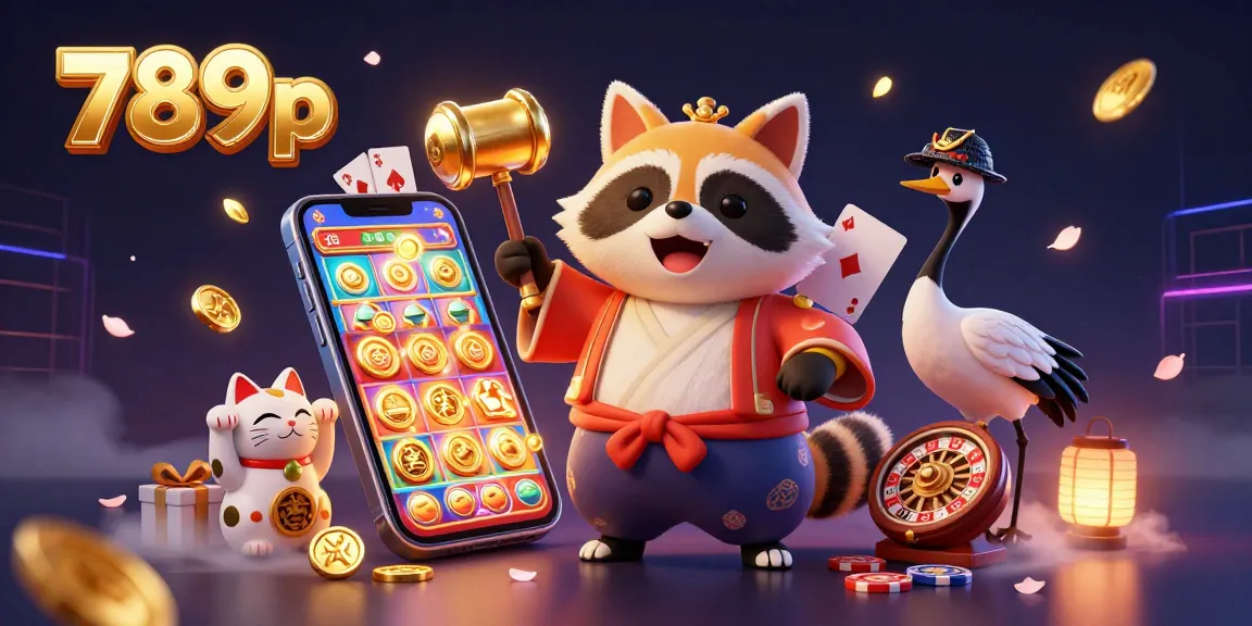 Engage with 789p's vibrant casino world featuring a cheerful tanuki and lucky symbols in a colorful scene.