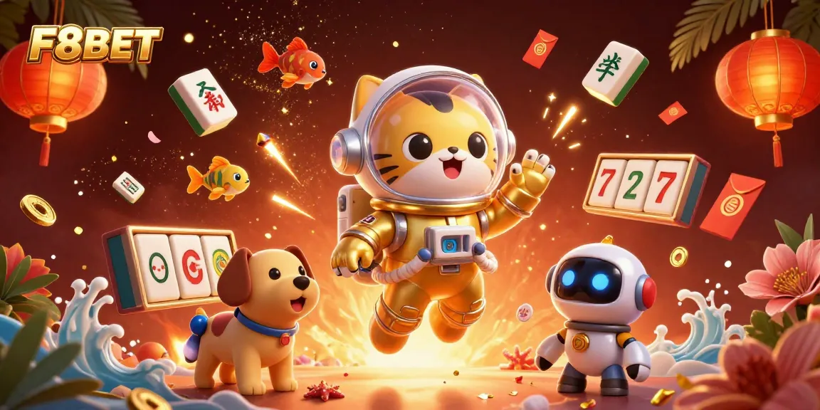 Experience F8BET's thrilling gameplay with a vibrant scene of a cat astronaut and casino elements.