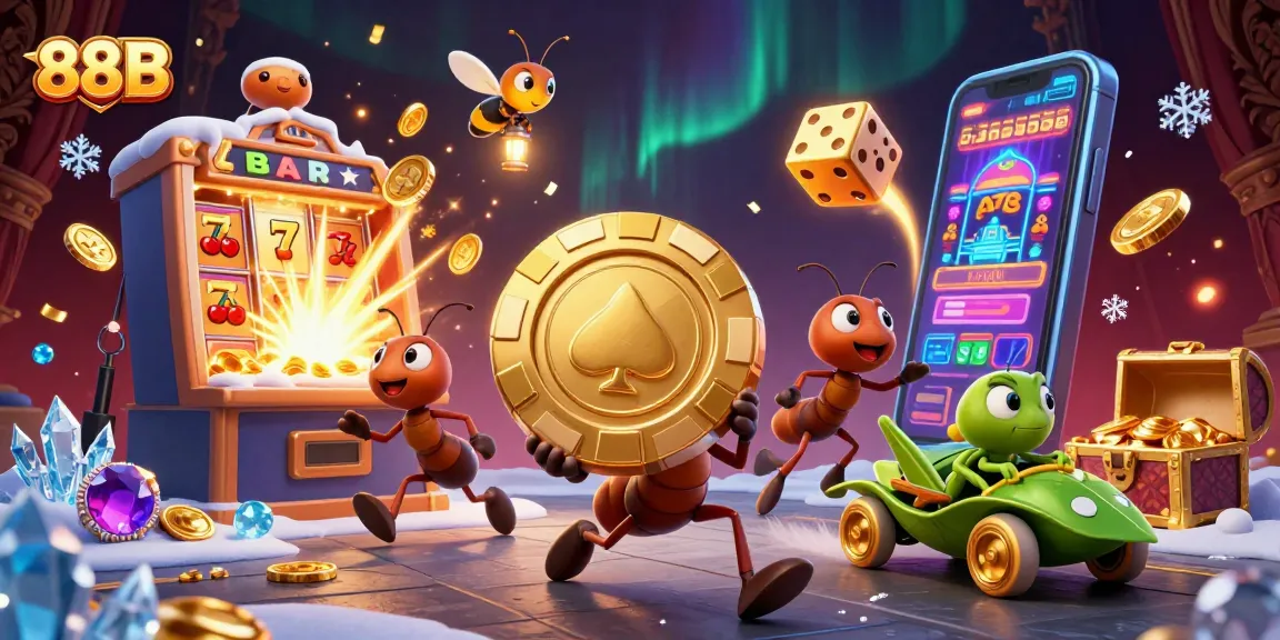 88B's animated scene showcases a heist with ants, golden poker chip, and vibrant casino elements.