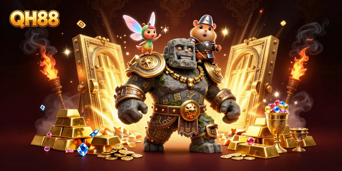 Experience the excitement at QH88, with a 3D cartoon golem and a fairy amidst treasure and casino elements!