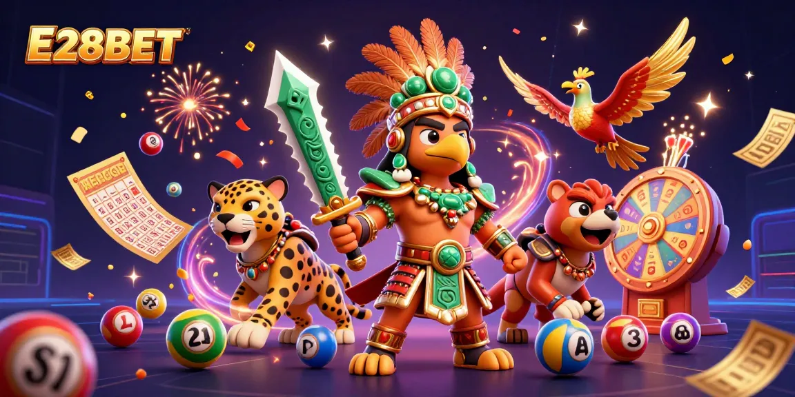 E28BET showcases thrilling gaming action with Aztec warriors and vibrant lottery elements, engaging players.