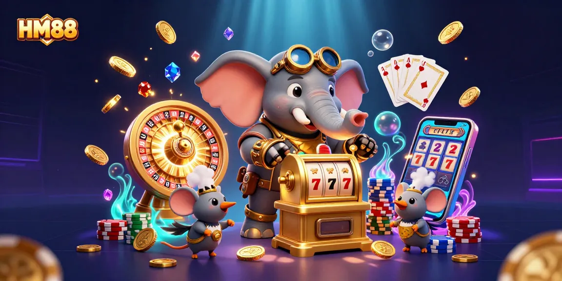 Experience the excitement of HM88 with steampunk characters amidst golden coins and casino elements.