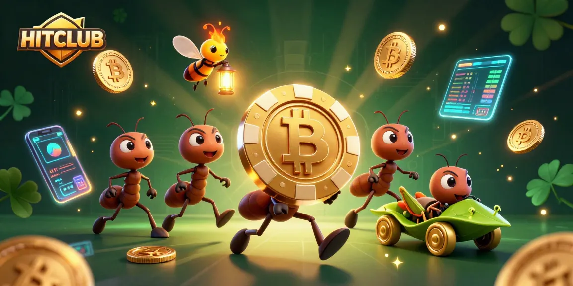 Experience thrilling gameplay at HITCLUB as ants heist a giant poker chip amidst lively crypto action.