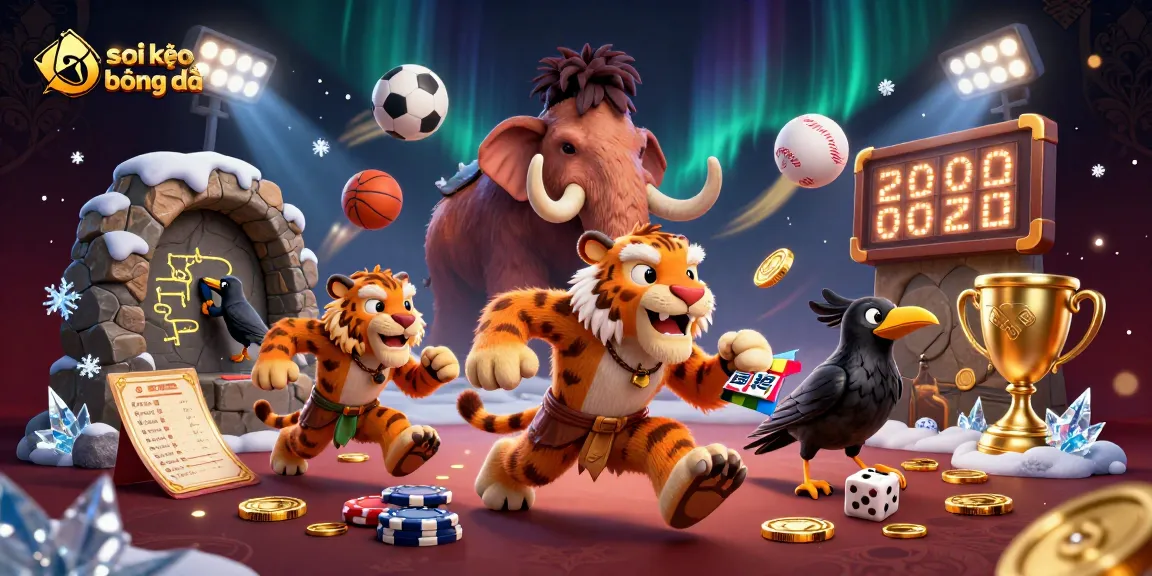 Bet on soi kèo bóng đá with dynamic sports elements and characters in a rich casino scene.