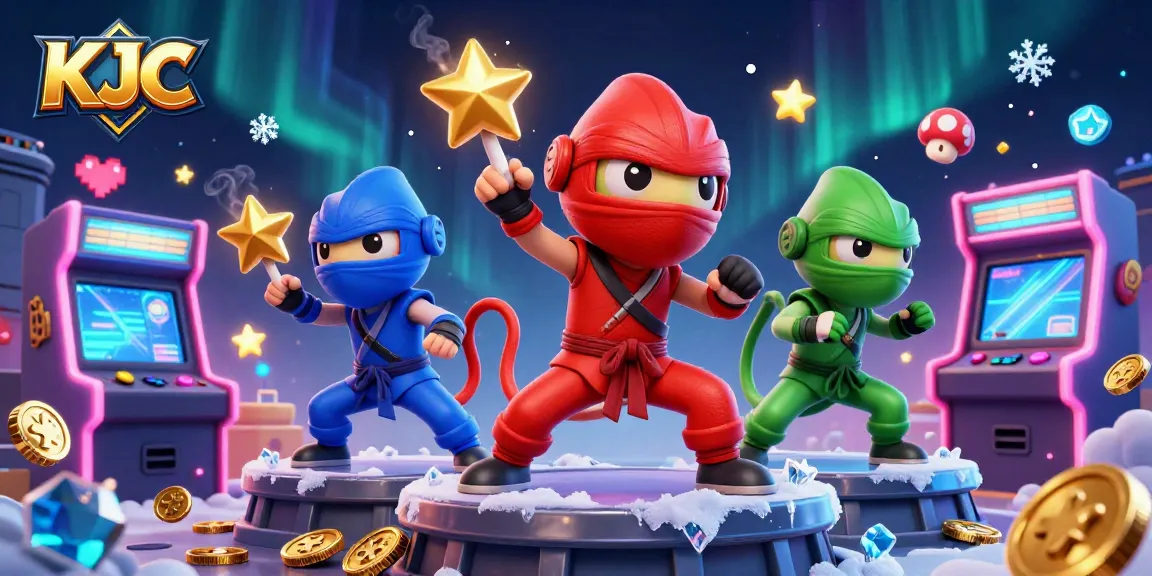 KJC team of ninja chameleons showcasing dynamic poses amidst vibrant arcade and casino elements.
