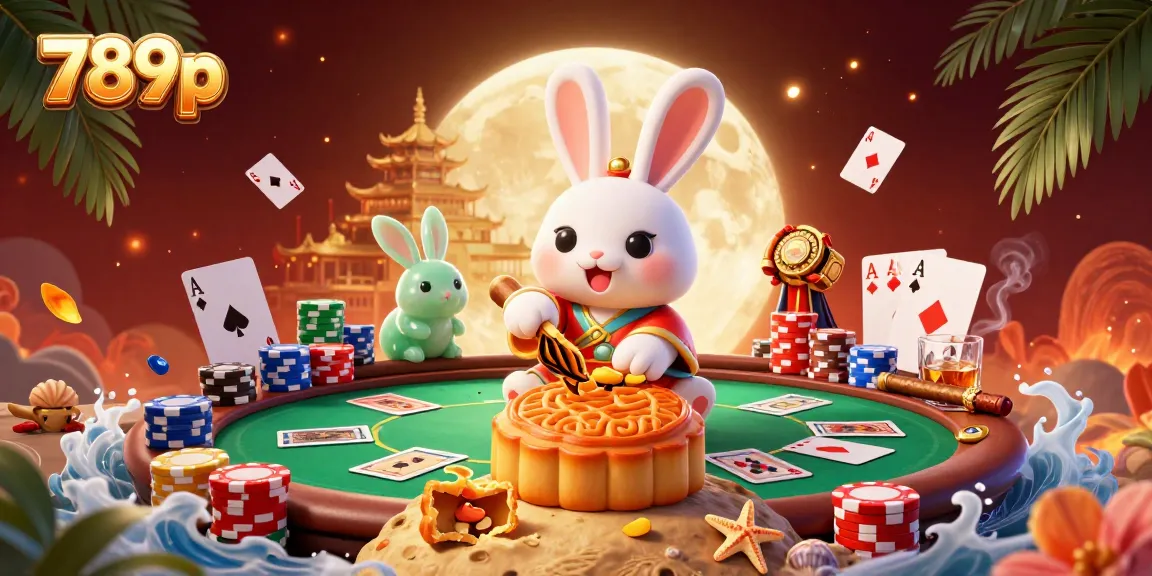 Experience the thrill of 789p poker with vibrant chips and playful characters in a dynamic lunar setting.