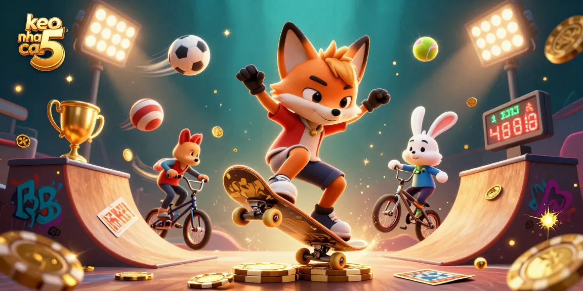 Elevate your bets with keo nha cai 5, featuring a vibrant scene of a fox skateboarding over poker chips amidst dynamic sports elements.