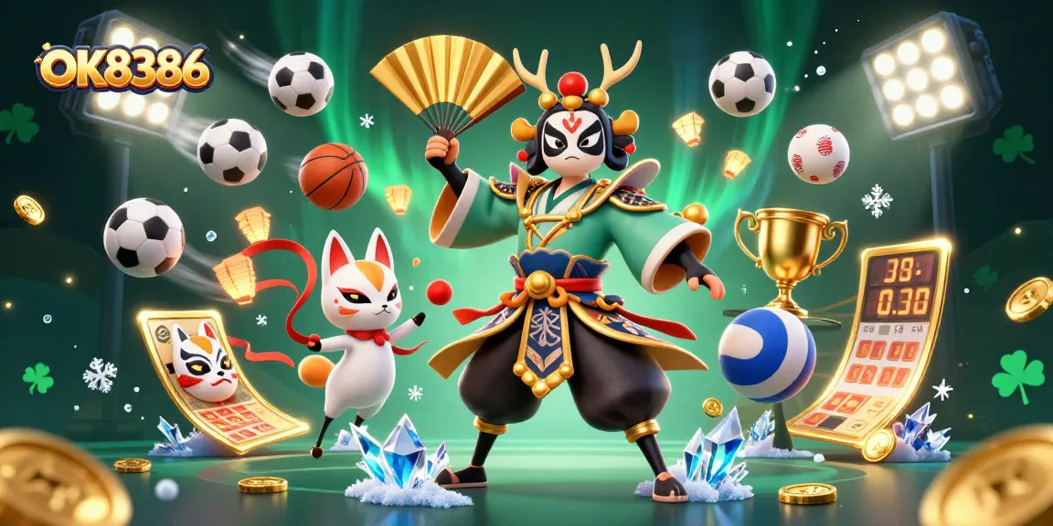 Experience thrilling bets at OK8386 with action-packed sports elements and vibrant casino characters.
