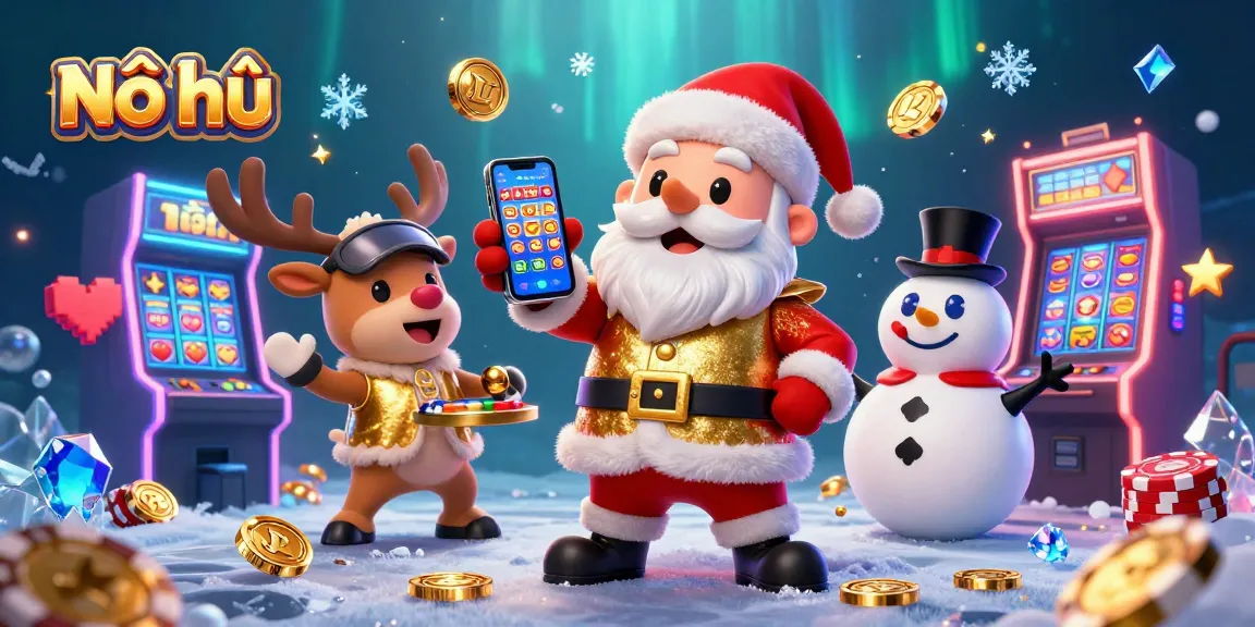 Nổ hũ characters celebrate with colorful slots and coins in a festive casino atmosphere.