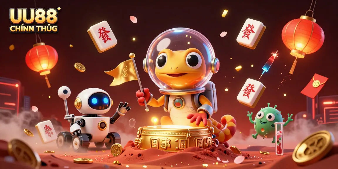 Join the fun at UU88 CHÍNH THỨC as the Martian gecko discovers a golden casino adventure amidst cheers and excitement!