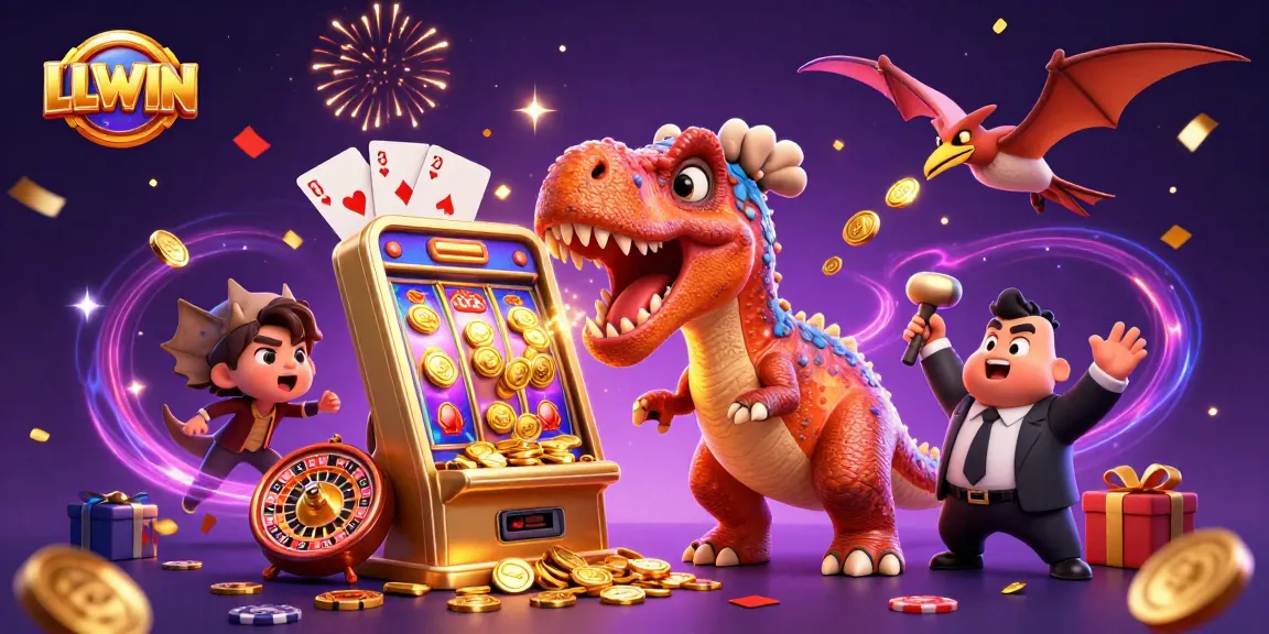 LLWIN offers a thrilling casino experience with a playful pachycephalosaurus and golden slot machine jackpot.