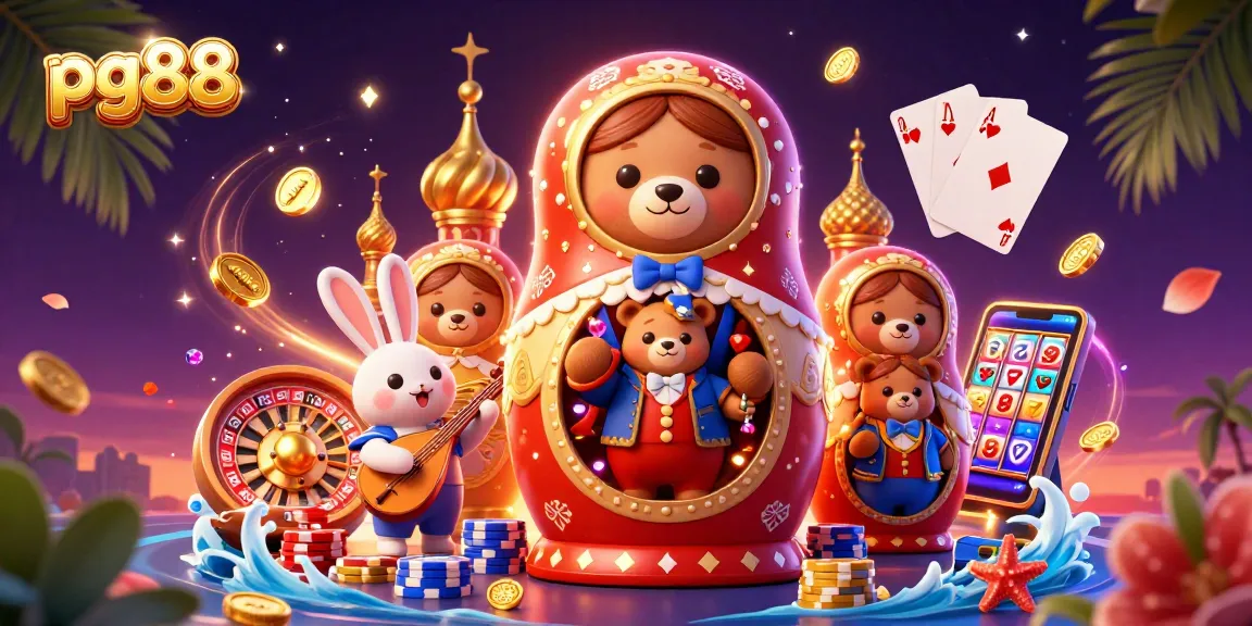 Experience the excitement of pg88 with a vibrant 3D casino scene showcasing playful characters, dynamic game elements, and festive atmosphere.