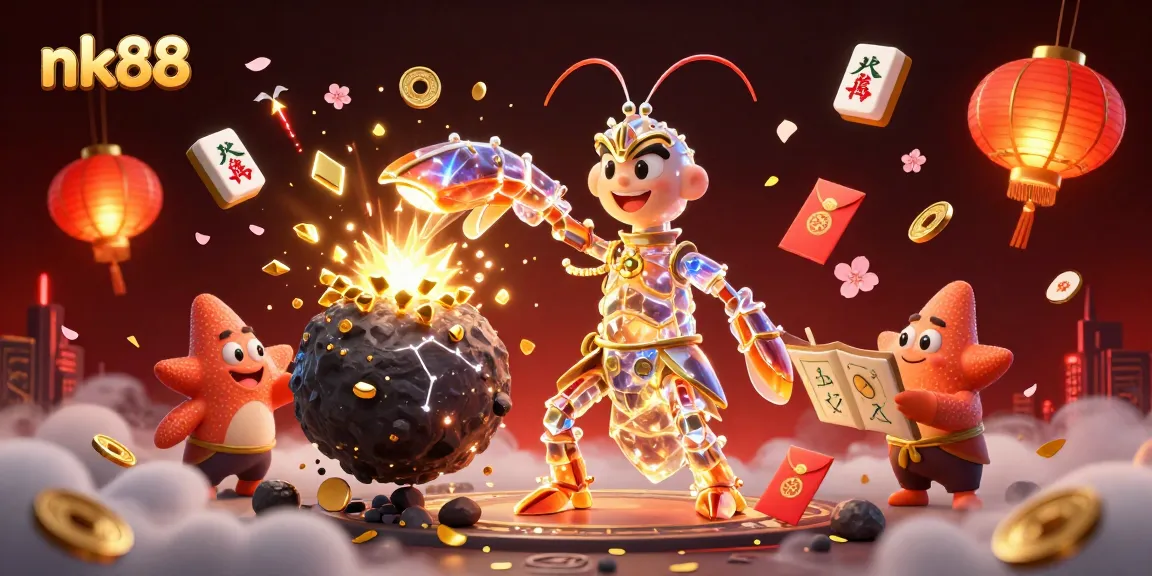 Experience nk88 casino excitement with a samurai shrimp battling for golden coins and gems.