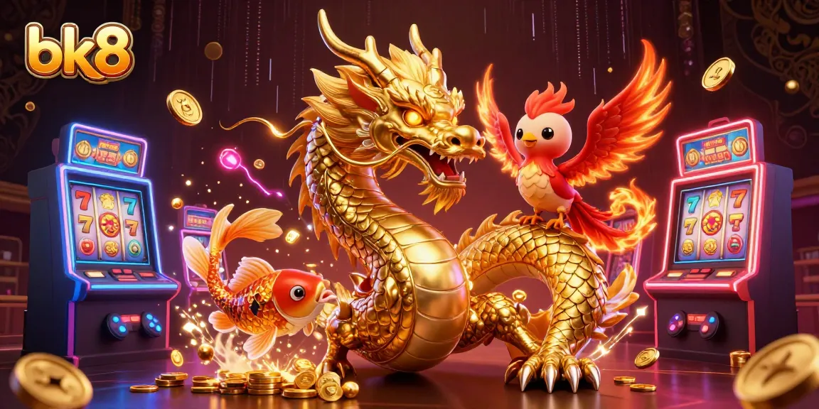 Experience thrill with bk8's golden dragon amid vibrant slot machines and coins.