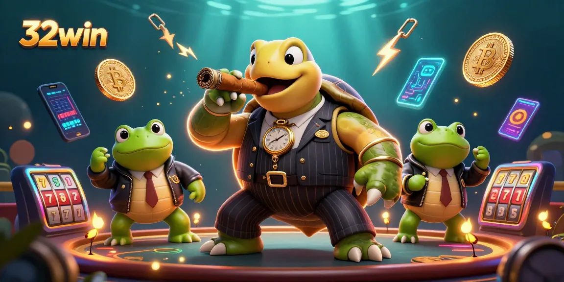 Engage with the vibrant world of 32win, where a massive snapping turtle and bullfrog enforcers showcase thrilling casino action.