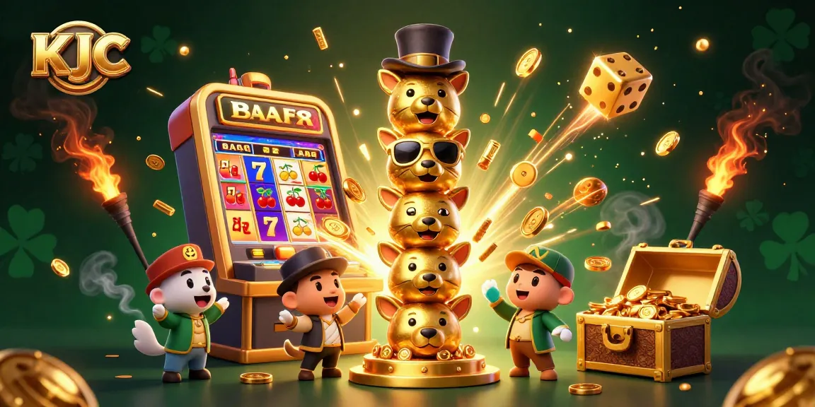 KJC takes you on a thrilling casino adventure with a slot machine bursting coins and dazzling elements.