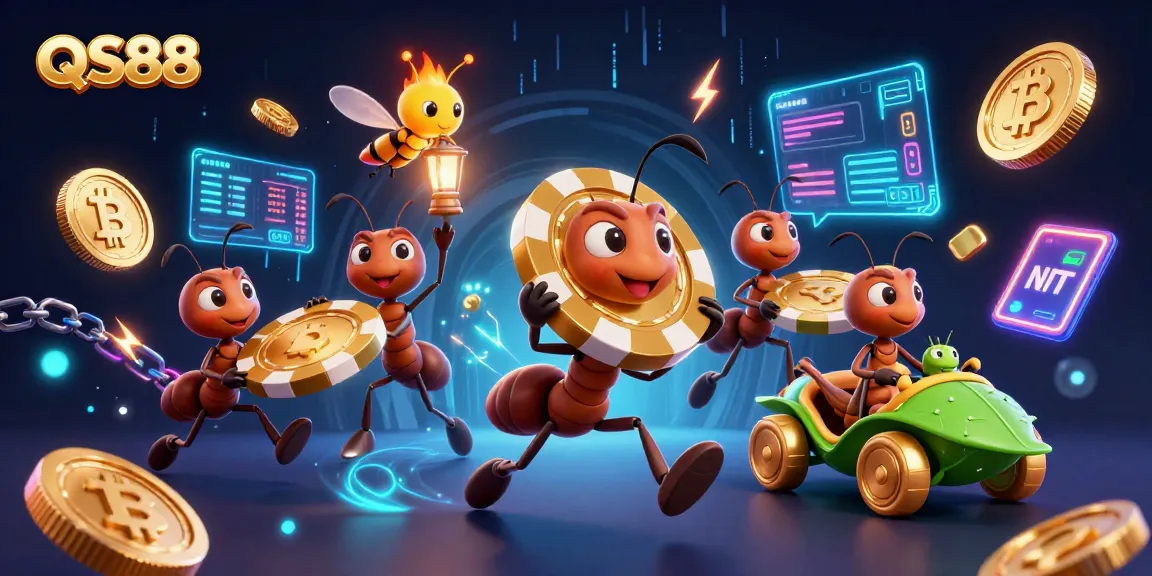 Experience the thrilling heist at QS88 with dynamic ant characters carrying a colossal poker chip amid vibrant casino elements.