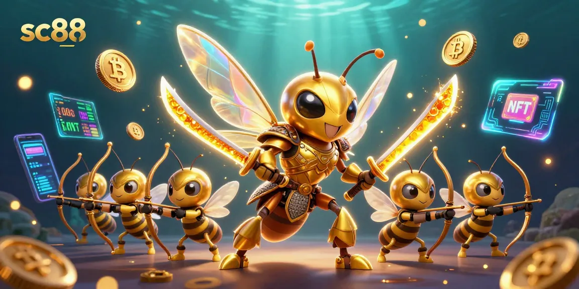 Engage with the dynamic sc88 casino scene showcasing a golden hornet and bee archers amid crypto-themed elements.