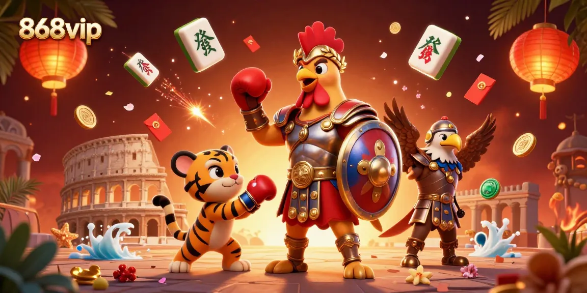 Engage in thrilling gaming at 868vip, featuring a gladiator rooster and vibrant casino elements.