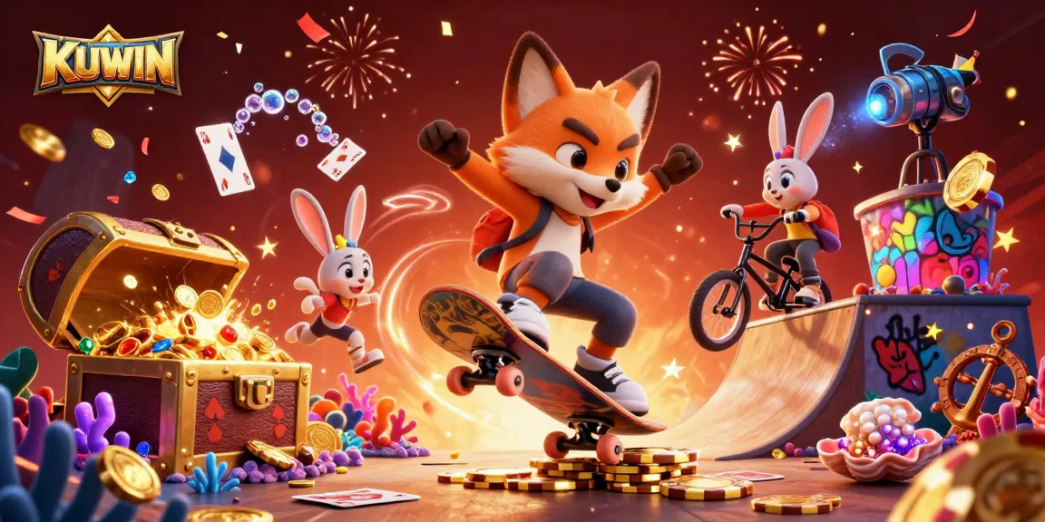 Experience thrilling gaming with KUWIN in a vibrant 3D casino illustration featuring dynamic characters.