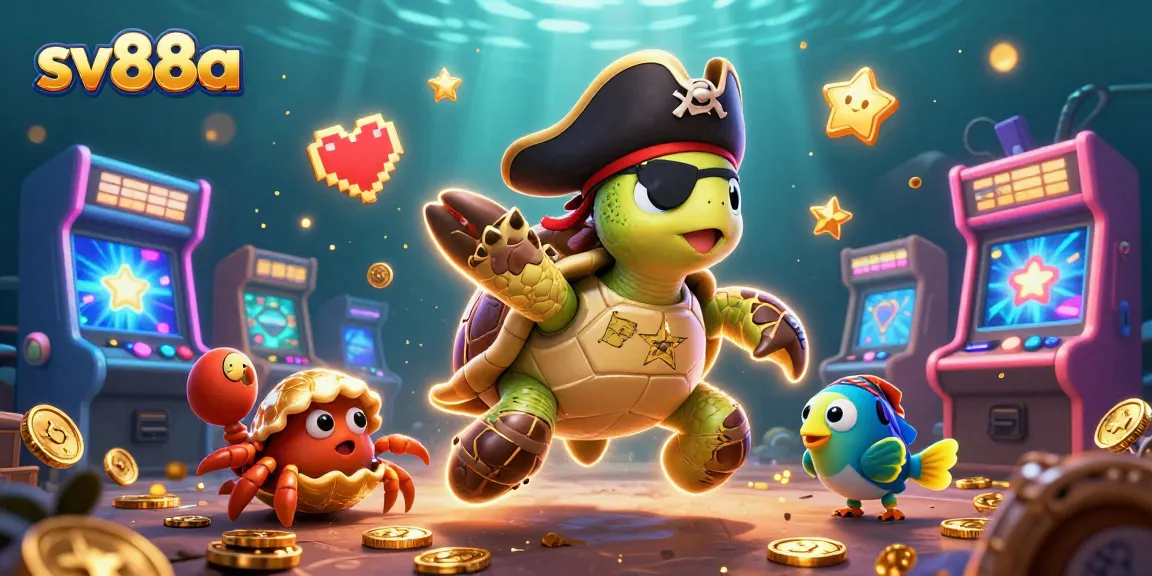 Engage with sv88a's thrilling gaming experience underwater, featuring a playful pirate turtle and friends amidst vibrant arcade elements.