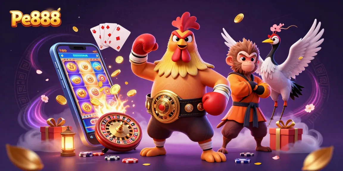 Experience thrilling gameplay with Pe888 as characters engage in vibrant casino action surrounded by dynamic gaming elements.