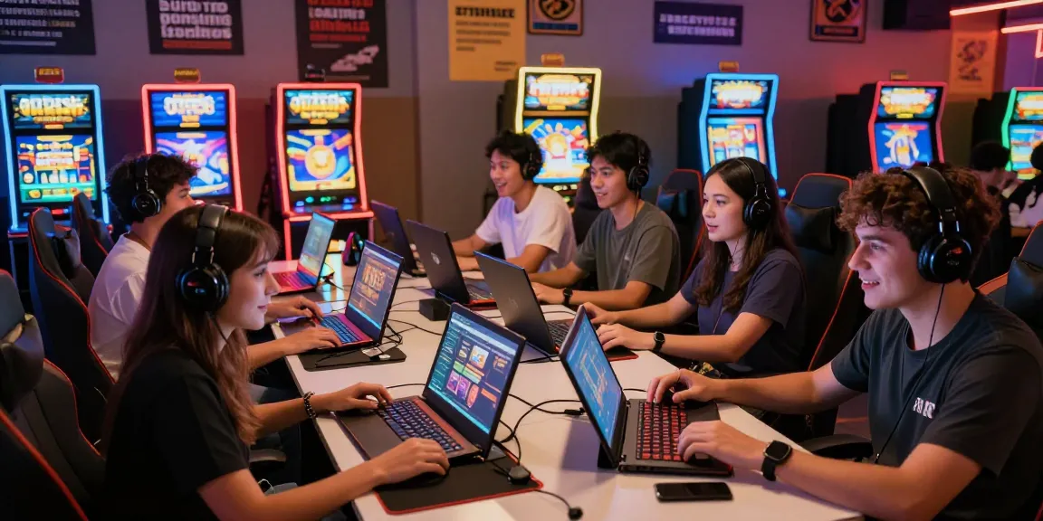 Exciting gameplay on Oppa86 situs showing diverse players enjoying colorful digital slot machines in a vibrant atmosphere.