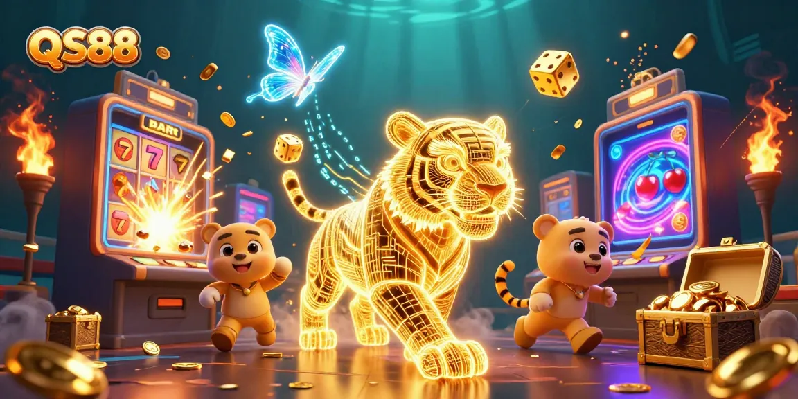 Engage with QS88's dynamic 3D casino experience featuring a neon tiger and jackpot thrills.
