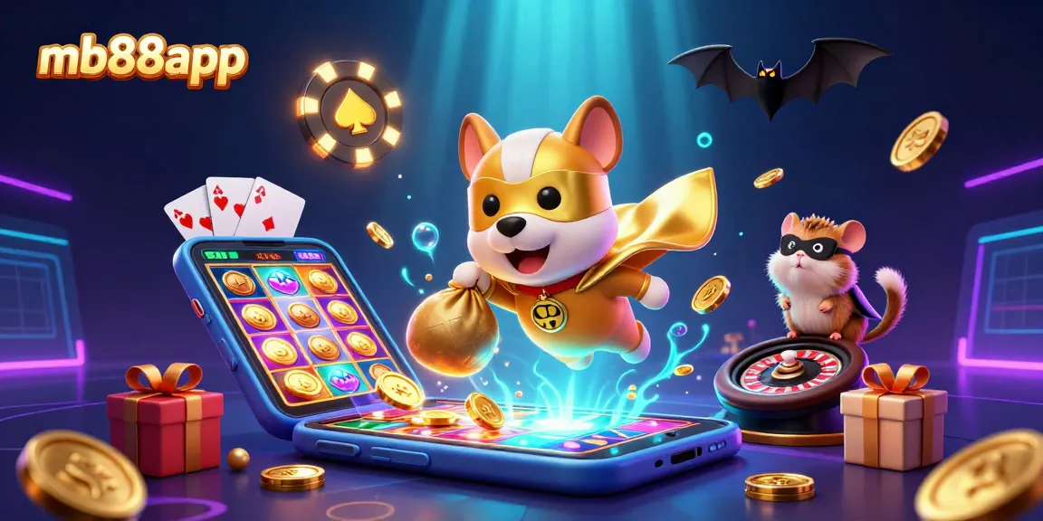 Experience thrilling action at mb88app with a superhero dog and hamster in a vibrant casino scene.