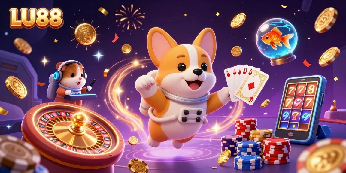 Experience excitement at LU88 with a cosmic gaming scene featuring vibrant characters and casino elements.
