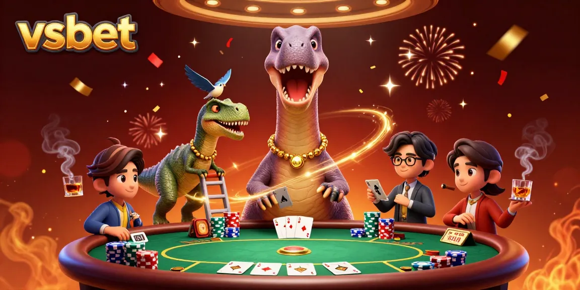 Join the excitement at vsbet, where a giant brontosaurus oversees a thrilling poker game.
