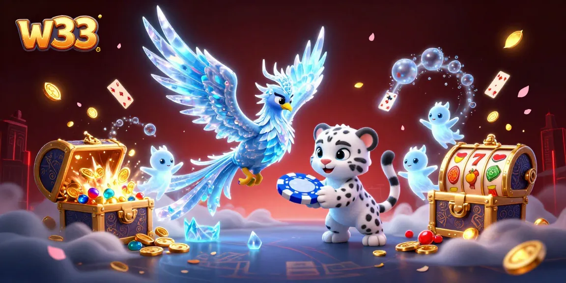 Experience w33's vibrant gaming scene with an ice phoenix and glowing elements for immersive play.