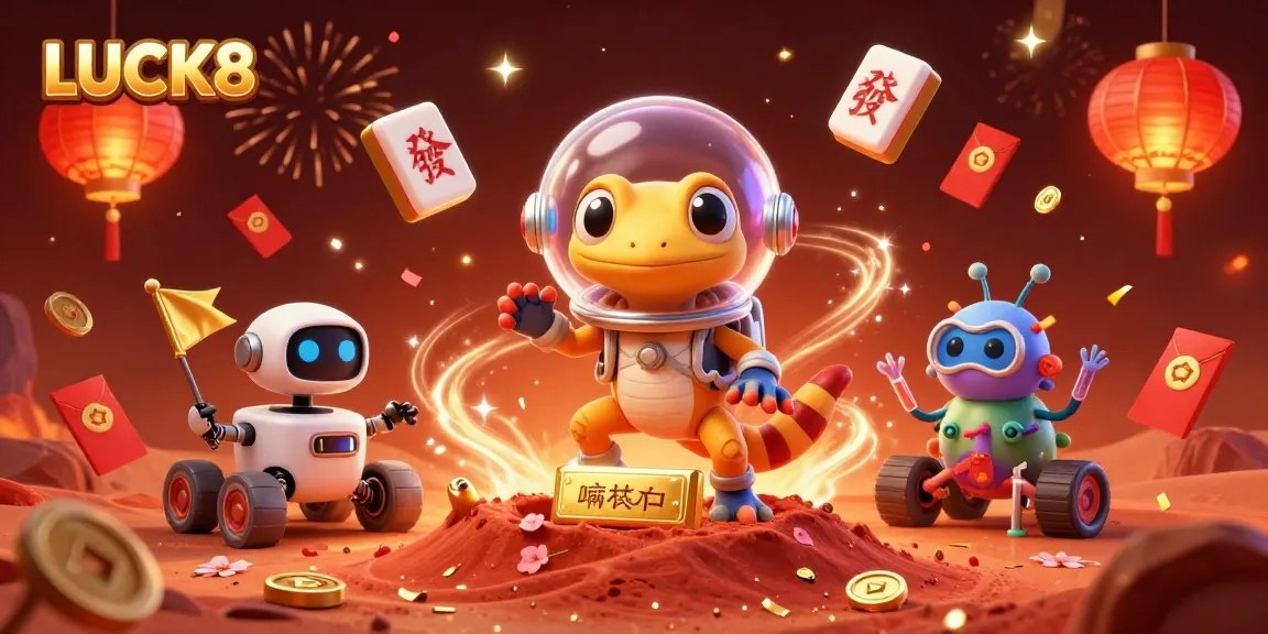 LUCK8 celebrates with a Martian gecko discovering a golden casino amidst vibrant casino elements and confetti