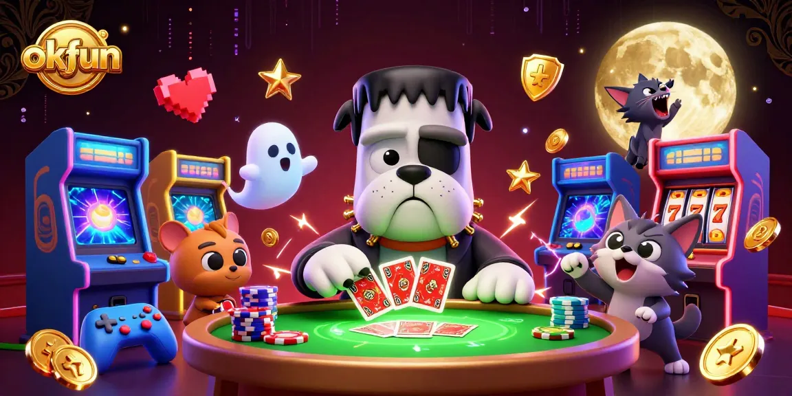 The okfun casino features a playful illustration of a Frankenstein bulldog monster dealing cards at a spooky table.